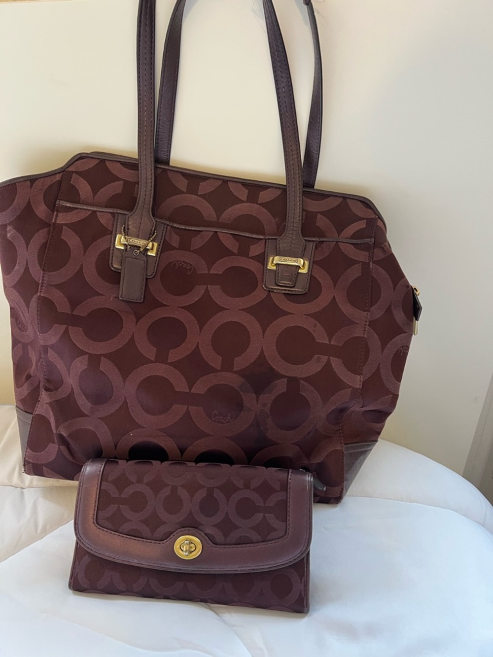 COACH Matching Set: Taylor Op Art North/South Tote & Turnlock Wallet - Burgundy